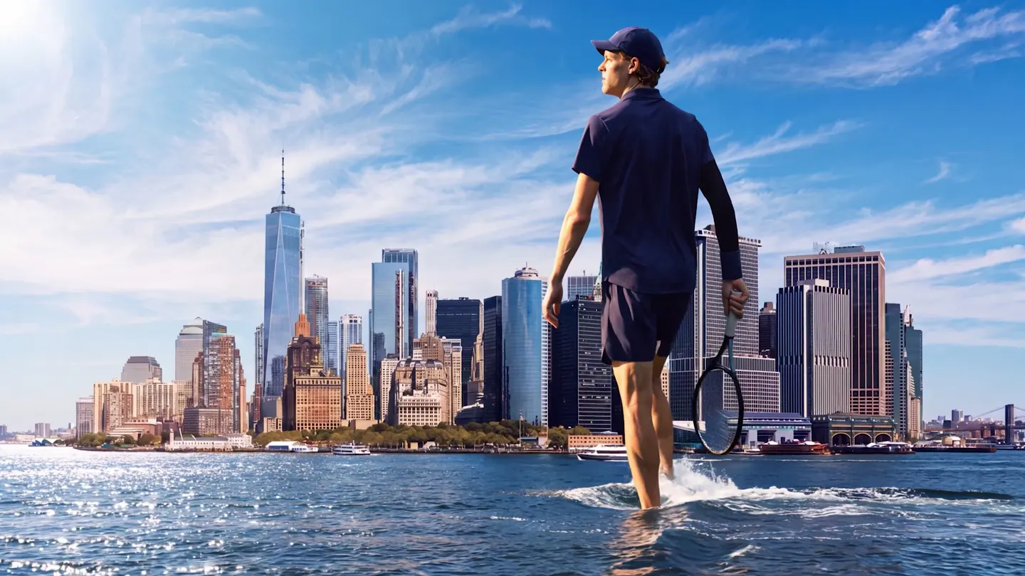 Il tennista di spalle oltre lo skyline della citt&agrave;, con i grattacieli davanti a lui