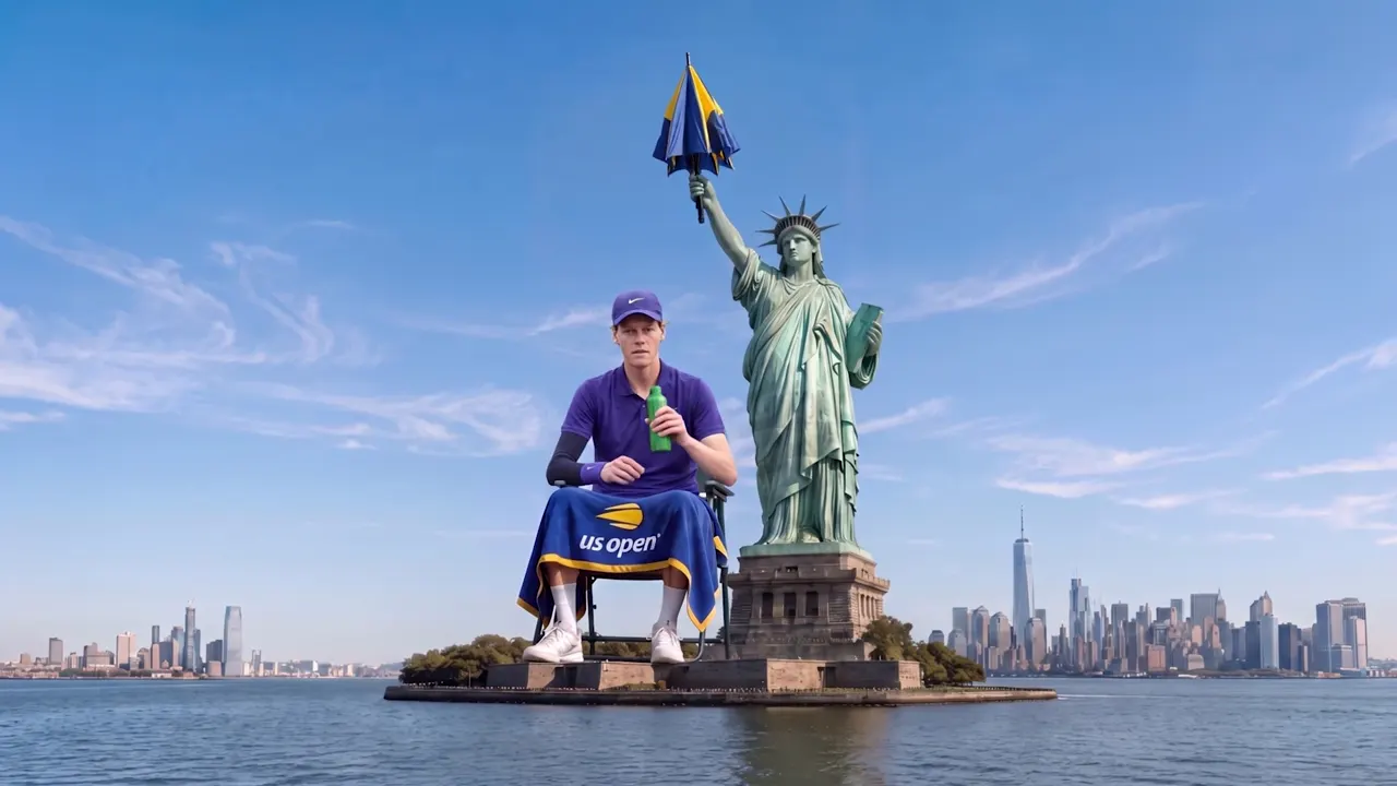 Il tennista seduto accanto a una Statua della Libert&agrave; che regge un ombrello blu e giallo, davanti allo skyline di Manhattan