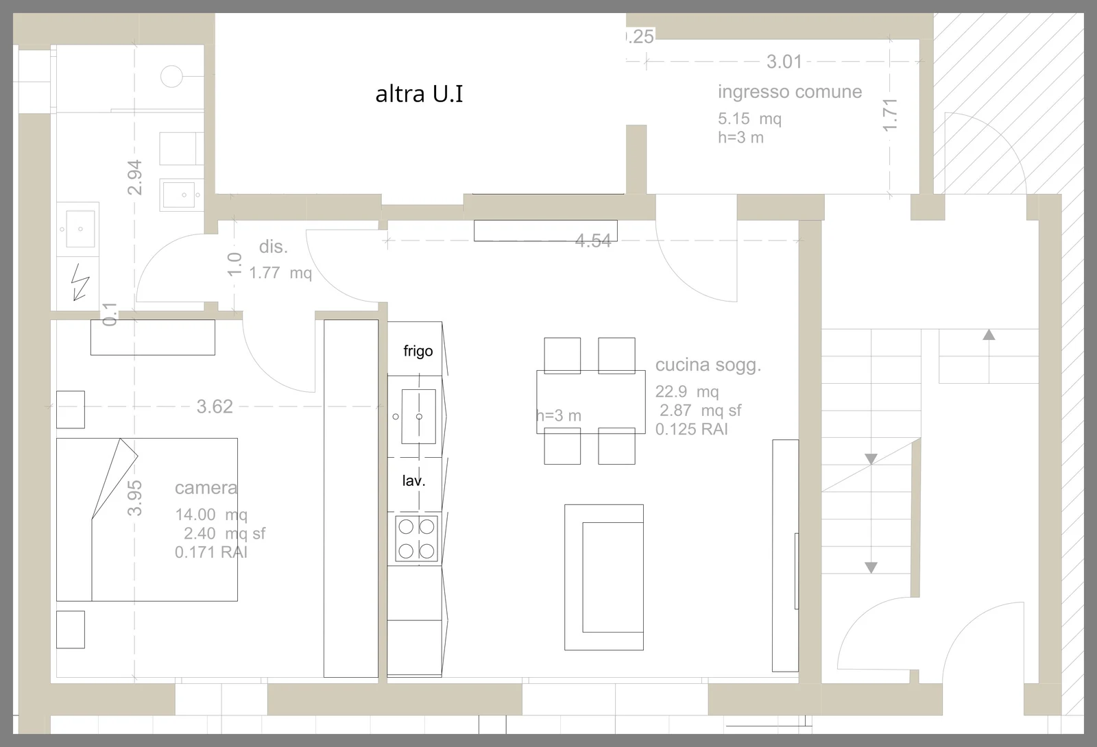 Planimetria 2D dell'appartamento: camera 14 mq, disimpegno, cucina soggiorno 22,9 mq, bagno e ingresso comune