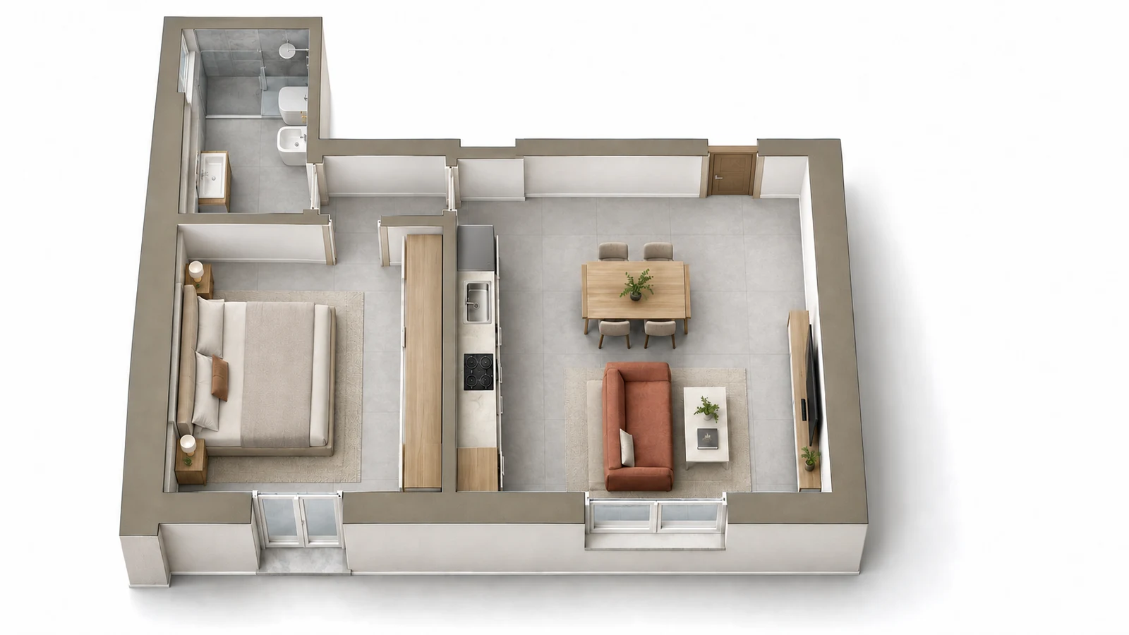Mappa 3D dell'appartamento arredato vista dall'alto: bagno, camera con letto matrimoniale, cucina, zona pranzo e soggiorno con divano e televisione